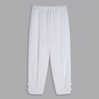 Men's Linen Pants Summer Pants Cropped Pants Beach Pants Drawstring Elastic Waist Plain Comfort Breathable Calf-Length Casual Daily Holiday Fashion Classic Style Black White