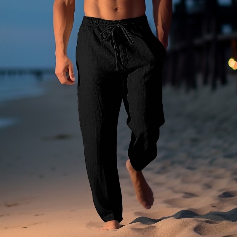Men's Linen Pants Trousers Summer Pants Beach Pants Drawstring Elastic Waist Straight Leg Plain Comfort Breathable Casual Daily Holiday Fashion Classic Style Light Khaki Black