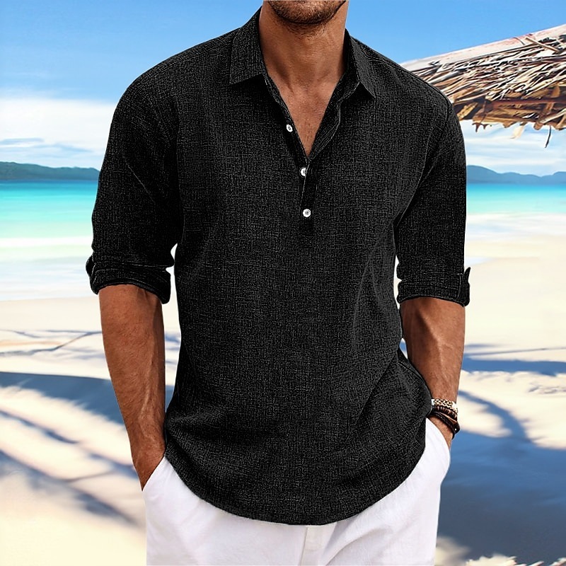 Men's Shirt Linen Shirt Summer Shirt Beach Wear Plain Casual Daily Black White Blue Green Long Sleeve Lapel Spring & Summer Clothing Apparel