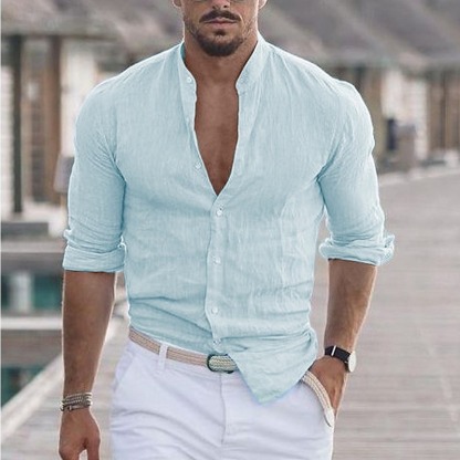 Men's Shirt Band Collar Shirt Summer Shirt Beach Wear Button Up Shirt Casual Shirt Black White Pink Army Green Long Sleeve Solid Color Collar Party Hawaiian Clothing Apparel