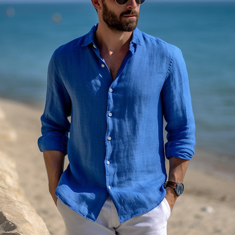 Men's Shirt Linen Shirt Summer Shirt Beach Wear Casual Shirt Button Up Shirt Plain Casual Daily Black White Pink Blue Long Sleeve Lapel Spring & Summer Clothing Apparel