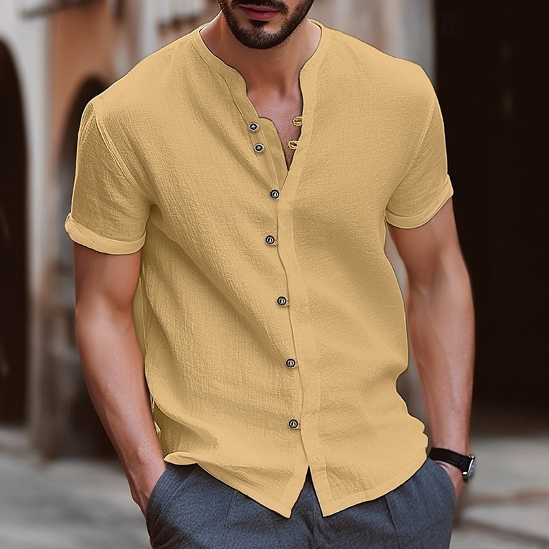 Men's Shirt Linen Shirt Band Collar Shirt Summer Shirt Beach Wear Button Up Shirt Plain Casual Daily Black White Blue Khaki Short Sleeve Band Collar Summer Clothing Apparel