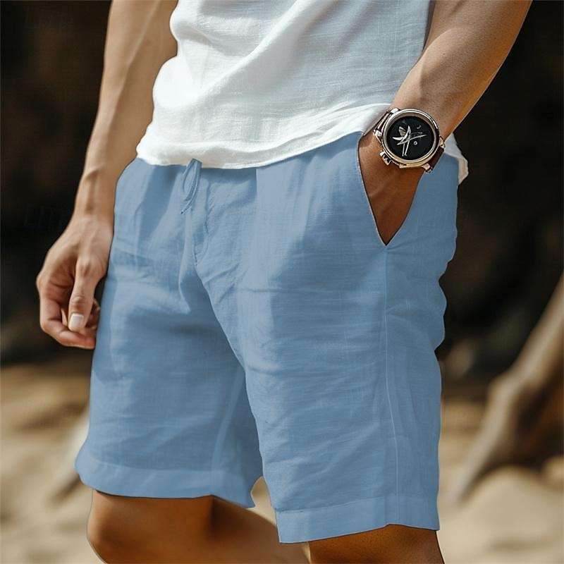 Men's Shorts Linen Shorts Summer Shorts Pocket Drawstring Elastic Waist Plain Comfort Breathable Short Casual Daily Holiday Fashion Classic Style Black White