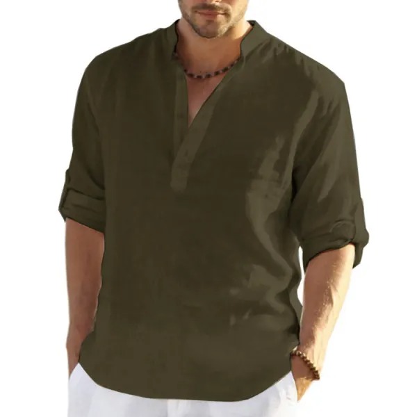 Men's Casual Loose Solid Color Stand Collar Cotton Linen Long Sleeve Shirt