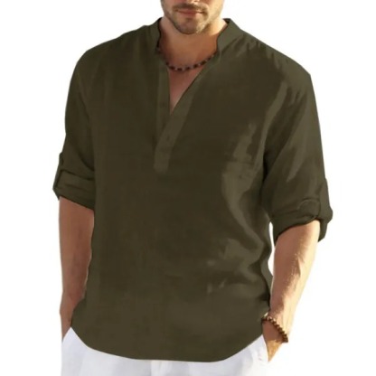 Men's Casual Loose Solid Color Stand Collar Cotton Linen Long Sleeve Shirt
