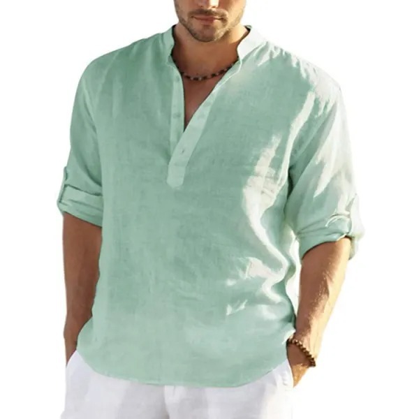 Men's Casual Loose Solid Color Stand Collar Cotton Linen Long Sleeve Shirt