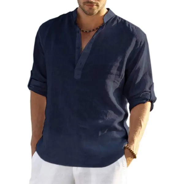 Men's Casual Loose Solid Color Stand Collar Cotton Linen Long Sleeve Shirt