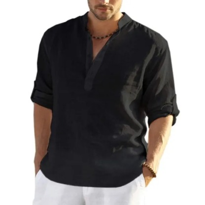 Men's Casual Loose Solid Color Stand Collar Cotton Linen Long Sleeve Shirt