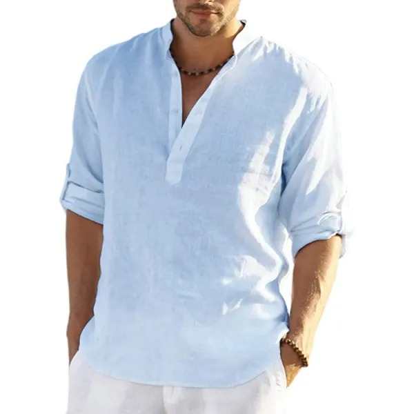 Men's Casual Loose Solid Color Stand Collar Cotton Linen Long Sleeve Shirt