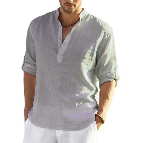 Men's Casual Loose Solid Color Stand Collar Cotton Linen Long Sleeve Shirt
