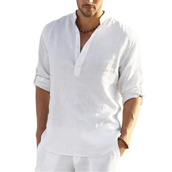 Men's Casual Loose Solid Color Stand Collar Cotton Linen Long Sleeve Shirt