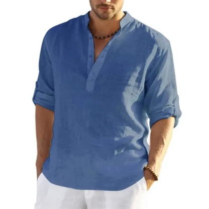 Men's Casual Loose Solid Color Stand Collar Cotton Linen Long Sleeve Shirt
