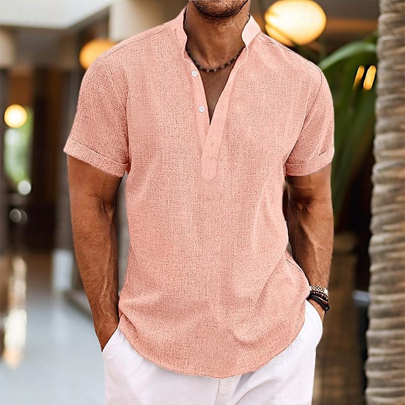 Men's Shirt Linen Shirt Band Collar Shirt Popover Shirt Summer Shirt Beach Wear Plain Casual Daily Black White Pink Green Short Sleeve Henley Summer Clothing Apparel