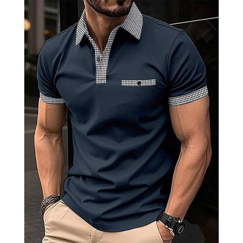 Men's Golf Shirt Golf Polo Work Casual Lapel Short Sleeve Basic Modern Color Block Houndstooth Patchwork Spring & Summer Regular Fit Black White Red Navy Blue Blue Beige Golf Shirt