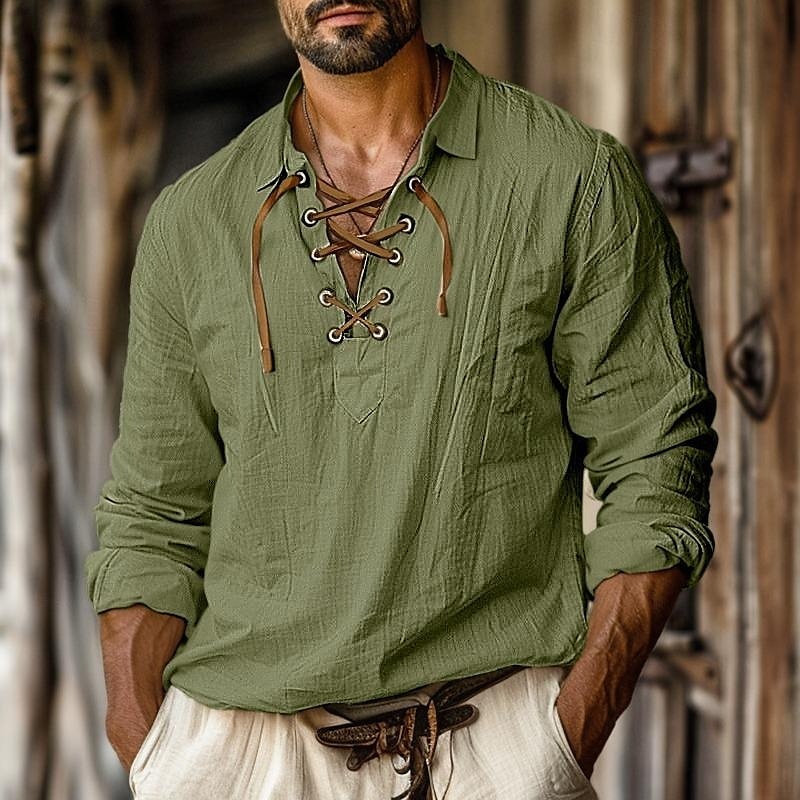 Men's Shirt Linen Shirt Viking Style Pirate Shirt Summer Shirt Beach Wear White Orange Green Light Blue Long Sleeve Solid Color Collarless Street Daily Clothing Apparel