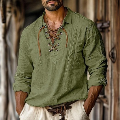 Men's Shirt Linen Shirt Viking Style Pirate Shirt Summer Shirt Beach Wear White Orange Green Light Blue Long Sleeve Solid Color Collarless Street Daily Clothing Apparel