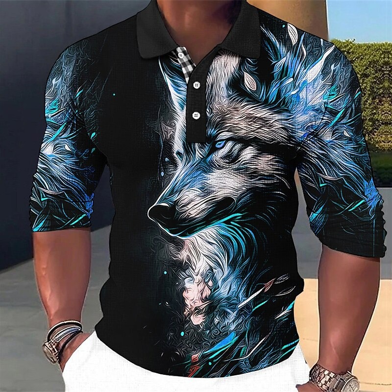 Men's Wolf Polo Shirts Golf Shirt Long Sleeve Polo Shirts Collared Shirts Casual Funny Vacation Wear Party Outfits Buttons 3D Print Red Blue Green