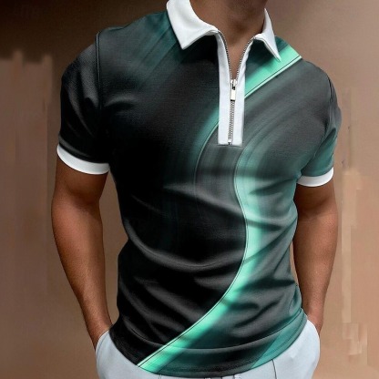 Men's Geometic Line Zip Polo Short Sleeve Turndown Casual Daily Outdoor Dailywear Athleisure Zipper Green