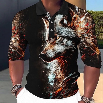 Men's Wolf Polo Shirts Golf Shirt Long Sleeve Polo Shirts Collared Shirts Casual Funny Vacation Wear Party Outfits Buttons 3D Print Red Blue Green