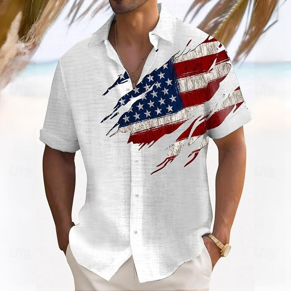 American Independence Day Men's American Flag National Flag Button Up Shirt Short Sleeve Hawaiian Casual Resort Outdoor Casual Holiday Summer Spring Turndown Print White