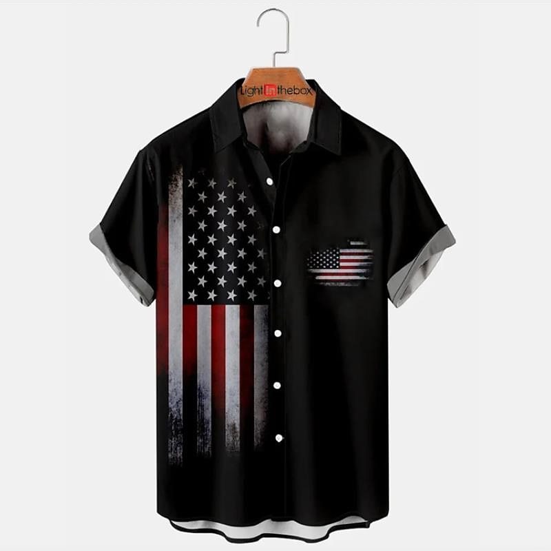 Men's Shirt Summer Hawaiian Shirt Graphic Prints American Flag Turndown White Red Khaki Black+Gray Gray Outdoor Street Short Sleeves Print Clothing Apparel Fashion Streetwear Designer Soft