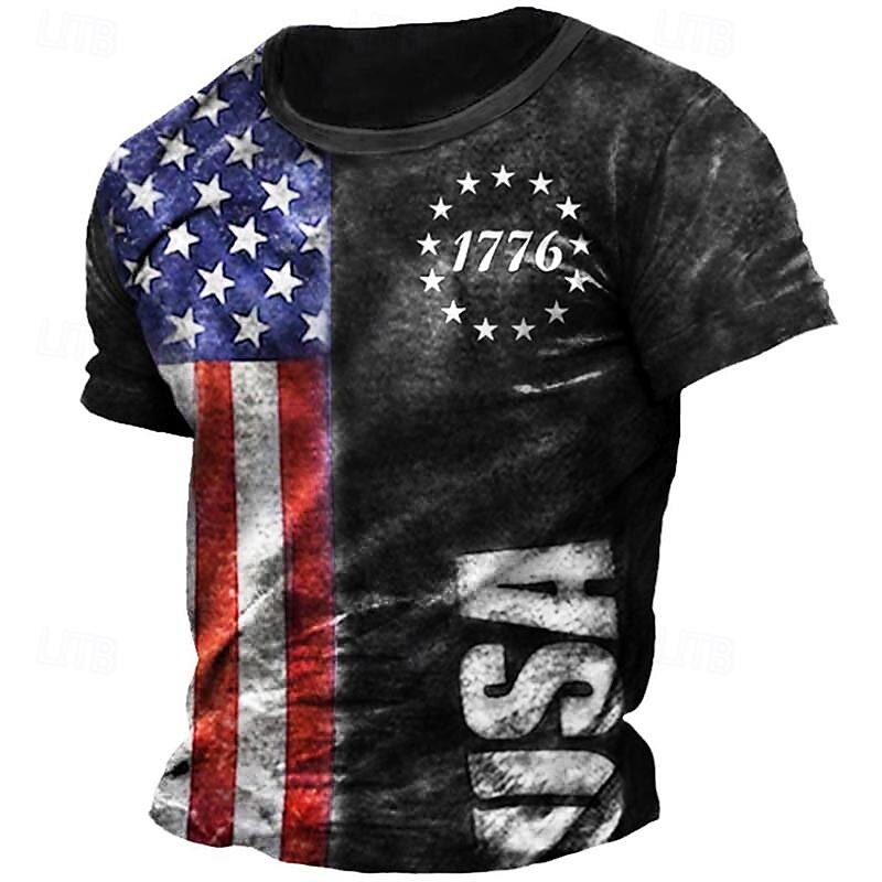 Graphic American Flag 1776 Fashion Designer Casual Men's 3D Print Short Sleeve Shirt T shirt Tee Tee Top Daily Holiday Vacation T shirt Black Khaki Dark Blue Short Sleeve Crew Neck Shirt Summer