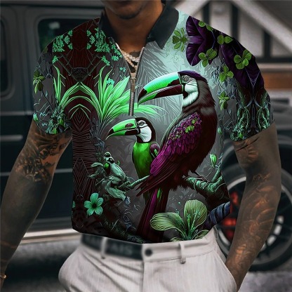 Men's Bird Hawaiian Polo Shirts Golf Shirt Short Sleeve Polo Shirts Collared Shirts Casual Funny Beach Wear Vacation Wear Party Outfits 3D Print Quarter Zip Polo Red Blue Purple