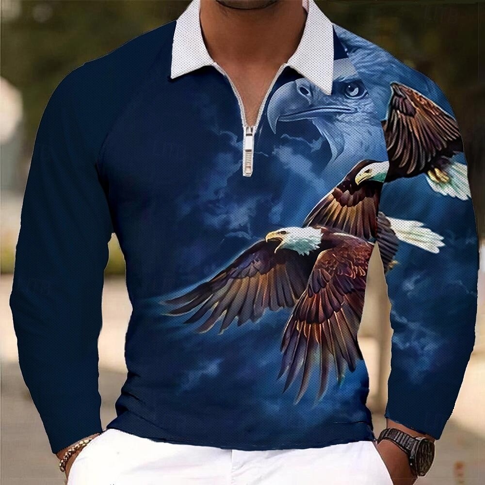 Men's Eagle Patriotic Polo Shirts Golf Polos Shirts Long Sleeve Polo S