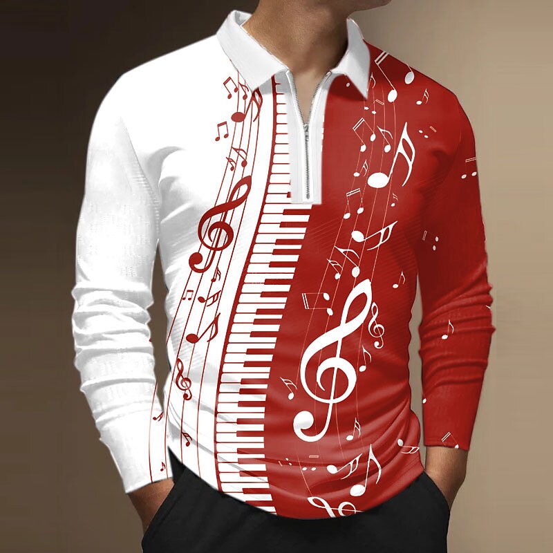 Men's Polo Shirt Golf Shirt Zip Polo Graphic Prints Notes Turndown Black Red Blue Purple Green Outdoor Street Long Sleeve Zipper Print Clothing Apparel Fashion Streetwear Designer Soft