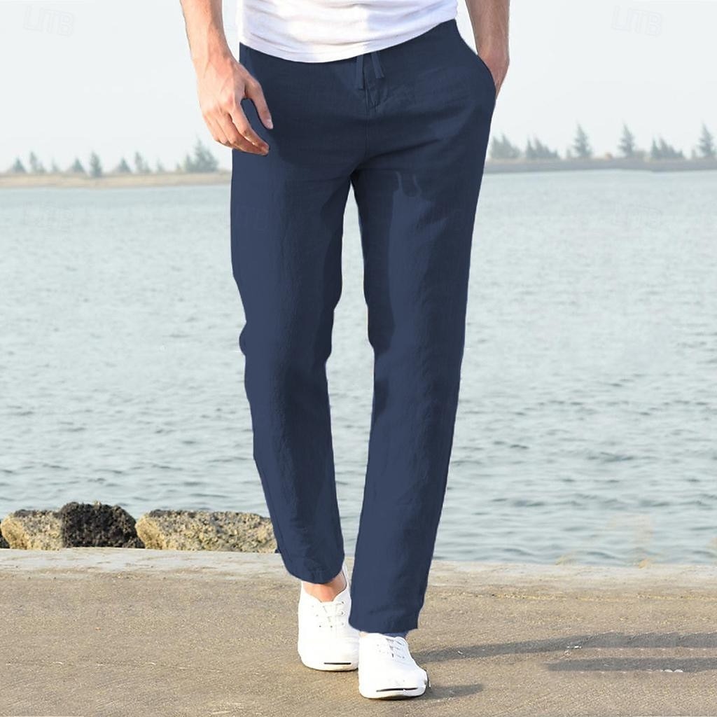 Men's Linen Pants Trousers Summer Pants Beach Pants Casual Pants Drawstring Elastic Waist Plain Breathable Lightweight Full Length Yoga Casual Daily Basic Black White