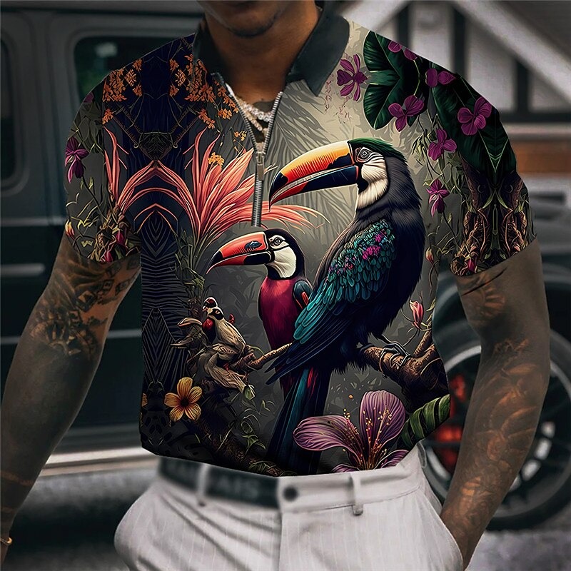 Men's Bird Hawaiian Polo Shirts Golf Shirt Short Sleeve Polo Shirts Collared Shirts Casual Funny Beach Wear Vacation Wear Party Outfits 3D Print Quarter Zip Polo Red Blue Purple