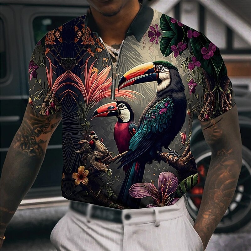 Men's Bird Hawaiian Polo Shirts Golf Shirt Short Sleeve Polo Shirts Collared Shirts Casual Funny Beach Wear Vacation Wear Party Outfits 3D Print Quarter Zip Polo Red Blue Purple
