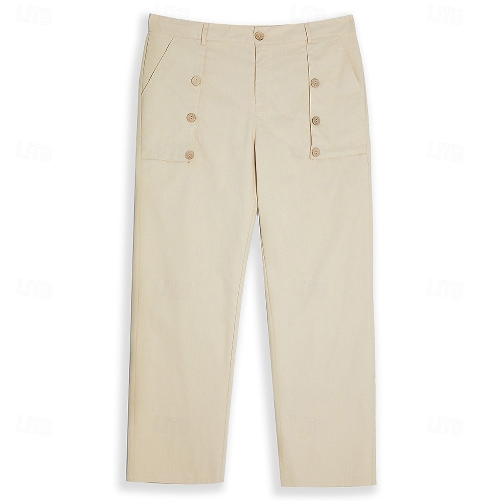 Men's Linen Pants Trousers Summer Pants Buttons Front Pocket Pleats Plain Comfort Breathable Full Length Casual Daily Holiday Fashion Basic Loose Fit Black White