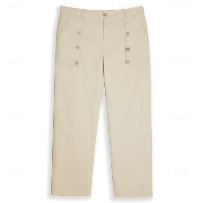 Men's Linen Pants Trousers Summer Pants Buttons Front Pocket Pleats Plain Comfort Breathable Full Length Casual Daily Holiday Fashion Basic Loose Fit Black White