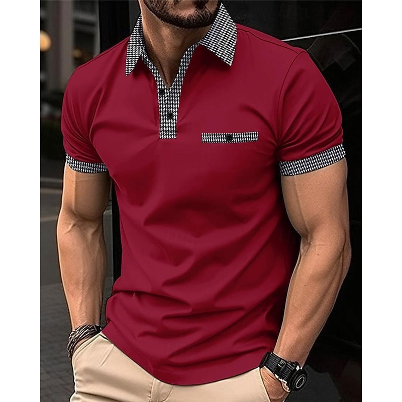 Men's Golf Shirt Golf Polo Work Casual Lapel Short Sleeve Basic Modern Color Block Houndstooth Patchwork Spring & Summer Regular Fit Black White Red Navy Blue Blue Beige Golf Shirt