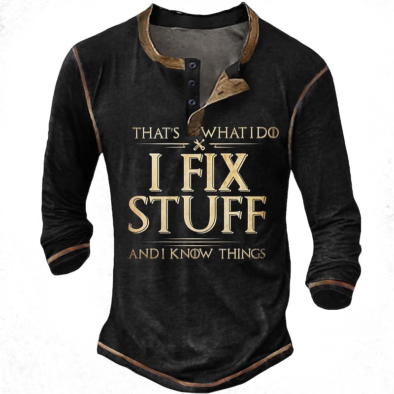 Men's Graphic Letter I Fix Stuff Henley Shirt Tee Long Sleeve 3D Print Fashion Designer Comfort Casual Daily Wear Going out Spring & Fall 1 2 3 Black Navy Blue Henley Henley T-Shirt