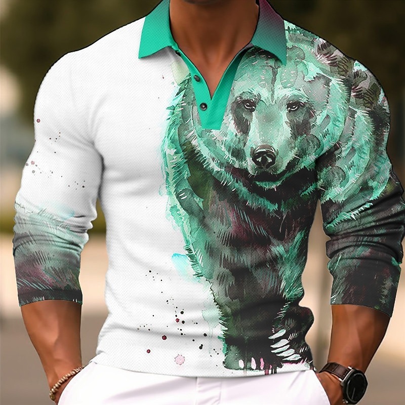Men's Bear Polo Shirts Golf Shirt Long Sleeve Polo Shirts Collared Shirts Casual Funny Streetwear Vacation Wear Party Outfits Buttons 3D Print Blue-Green Yellow Blue