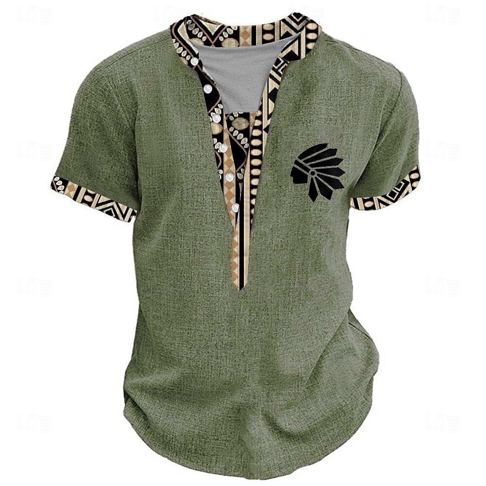 Tribal Bandana Print Designer Ethnic Men's 3D Print T shirt Tee Henley Shirt Casual Daily T shirt Yellow Brown Green Short Sleeve Standing Collar Shirt Summer Spring Clothing Apparel S M L XL XXL 3XL