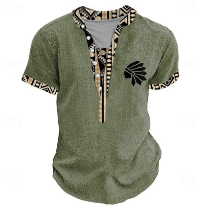 Tribal Bandana Print Designer Ethnic Men's 3D Print T shirt Tee Henley Shirt Casual Daily T shirt Yellow Brown Green Short Sleeve Standing Collar Shirt Summer Spring Clothing Apparel S M L XL XXL 3XL