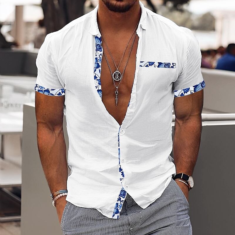Men's Shirt Linen Shirt Button Up Shirt Casual Shirt Summer Shirt Beach Shirt White Pink Blue Short Sleeve Color Block Lapel Summer Casual Daily Clothing Apparel Patchwork