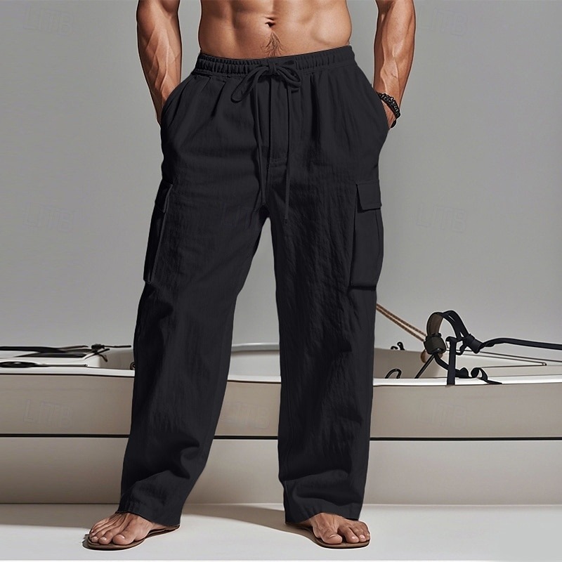 Men's Cargo Pants Trousers Summer Pants Beach Pants Gauze Pants Drawstring Elastic Waist Multi Pocket Plain Comfort Breathable Outdoor Daily Holiday Fashion Classic Style Black White