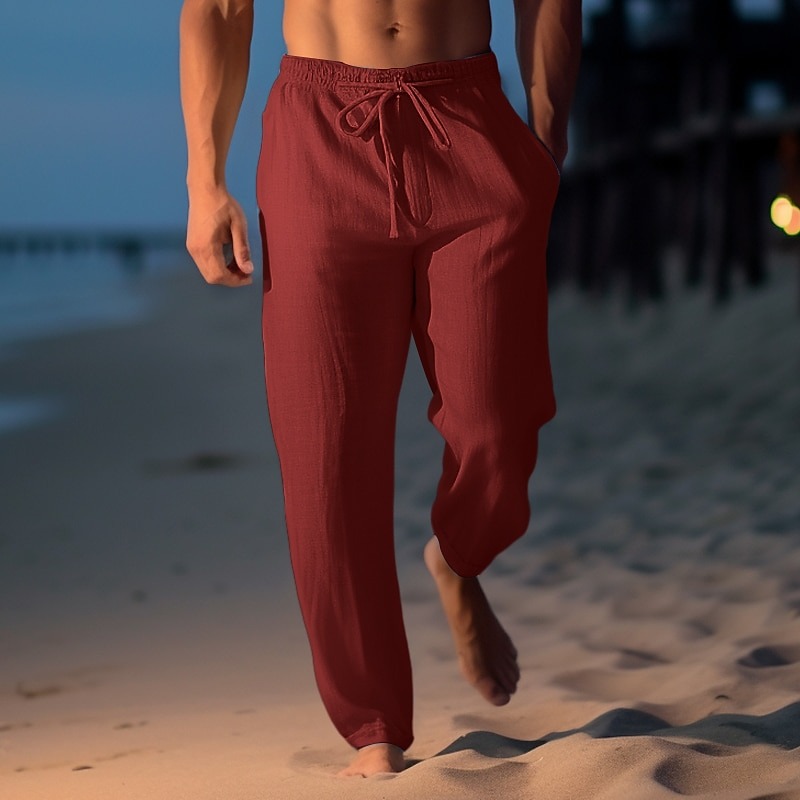 Men's Linen Pants Trousers Summer Pants Beach Pants Drawstring Elastic Waist Straight Leg Plain Comfort Breathable Casual Daily Holiday Fashion Classic Style Light Khaki Black
