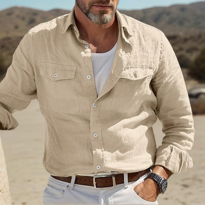 Men's Shirt Linen Shirt Summer Shirt Beach Wear Button Up Shirt Solid Color Street Daily White Blue Green Khaki Long Sleeve Fold-over Collar Clothing Apparel Pocket