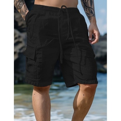 Men's Shorts Linen Shorts Summer Shorts Beach Shorts Drawstring Elastic Waist Multi Pocket Plain Knee Length Outdoor Beach Hawaiian Casual Black Inelastic