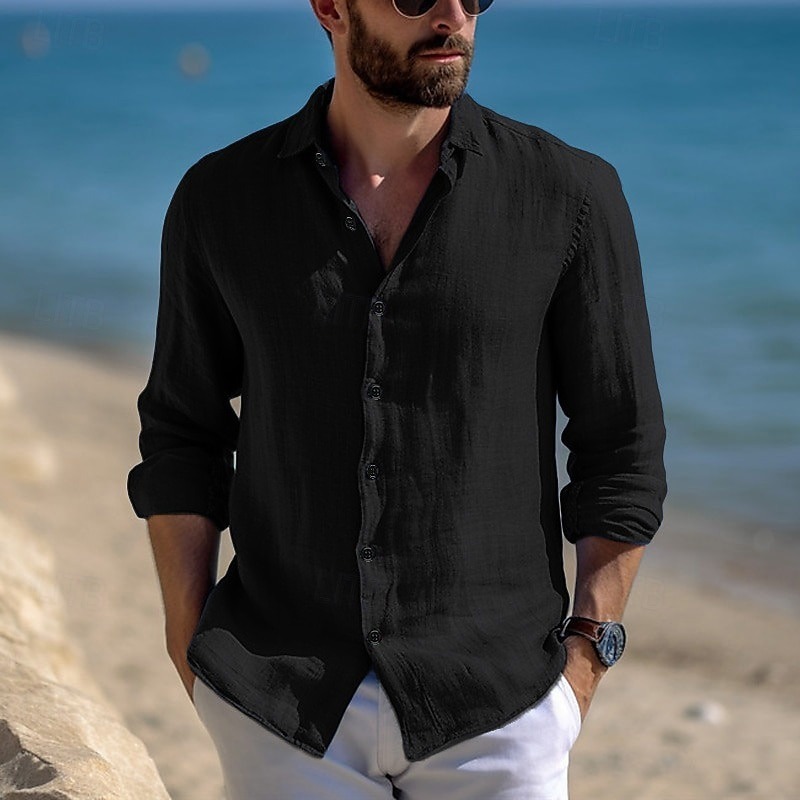 Men's Shirt Linen Shirt Summer Shirt Beach Wear Casual Shirt Button Up Shirt Plain Casual Daily Black White Pink Blue Long Sleeve Lapel Spring & Summer Clothing Apparel