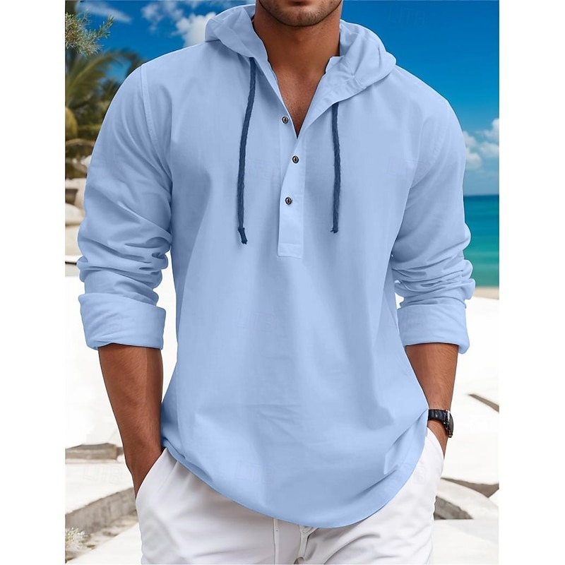 Men's Shirt Linen Shirt Calico Shirt Summer Shirt Beach Wear Plain Vacation Curise White Blue Brown Green Long Sleeve Hooded Spring & Summer Clothing Apparel