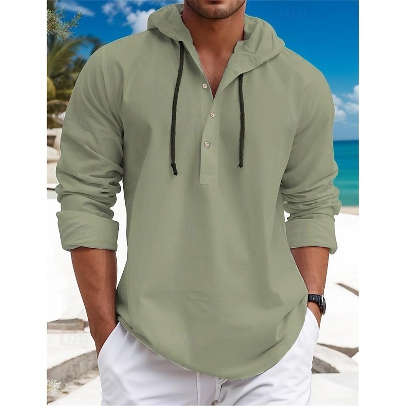 Men's Shirt Linen Shirt Calico Shirt Summer Shirt Beach Wear Plain Vacation Curise White Blue Brown Green Long Sleeve Hooded Spring & Summer Clothing Apparel