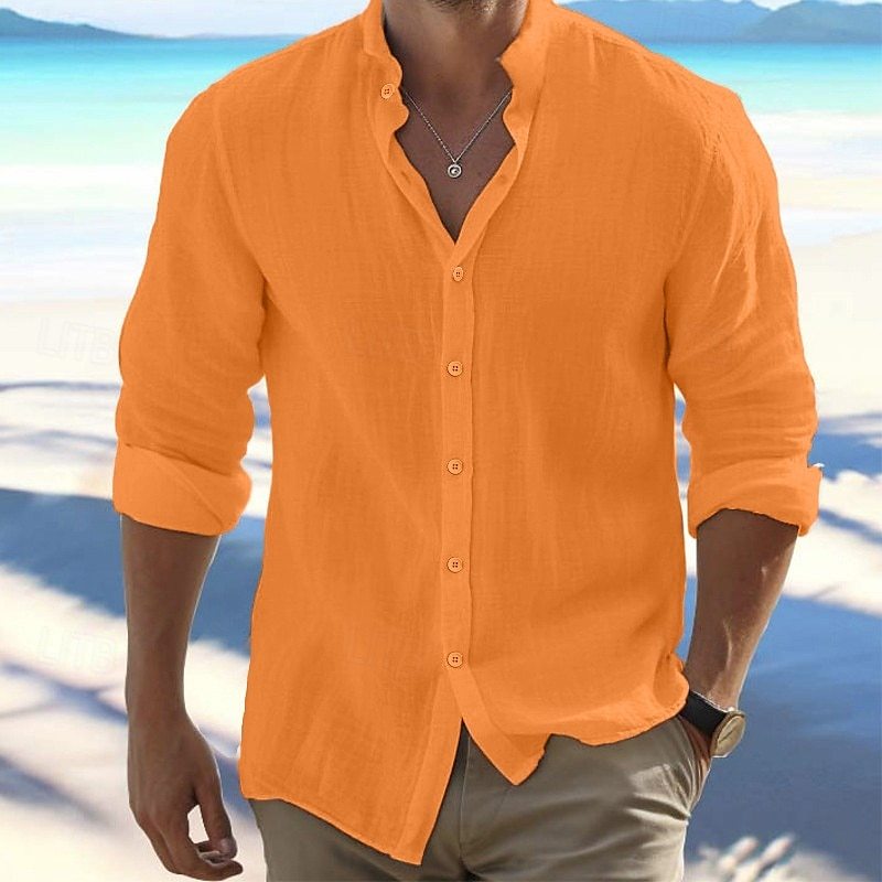 Men's Shirt Summer Shirt Beach Wear Button Up Shirt Black White Pink Red Long Sleeve Plain Band Collar Spring & Summer Casual Daily Clothing Apparel 100% Cotton