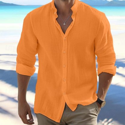 Men's Shirt Summer Shirt Beach Wear Button Up Shirt Black White Pink Red Long Sleeve Plain Band Collar Spring & Summer Casual Daily Clothing Apparel 100% Cotton