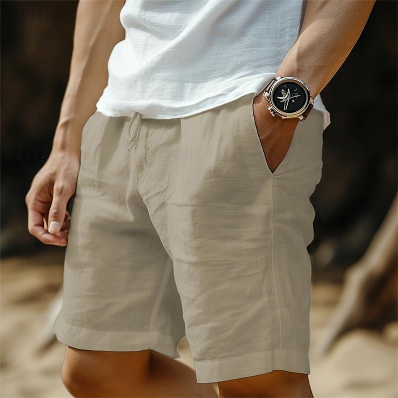 Men's Shorts Linen Shorts Summer Shorts Pocket Drawstring Elastic Waist Plain Comfort Breathable Short Casual Daily Holiday Fashion Classic Style Black White
